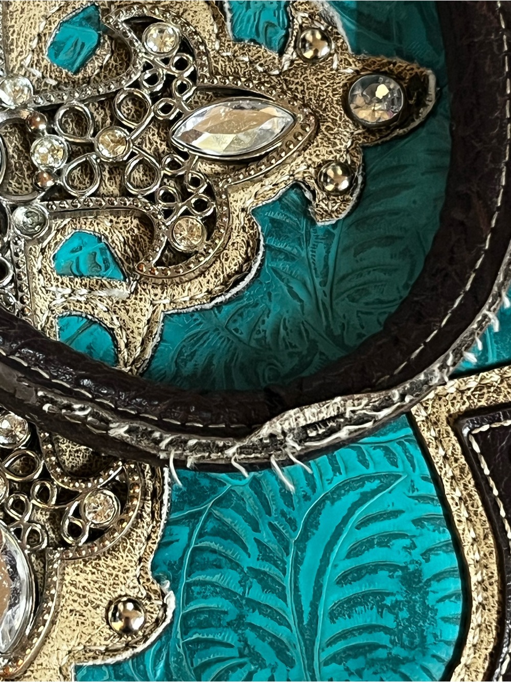Montana West Turquoise Black Tooled Leather Rhinestone Cross Purse - Picture 2 of 5